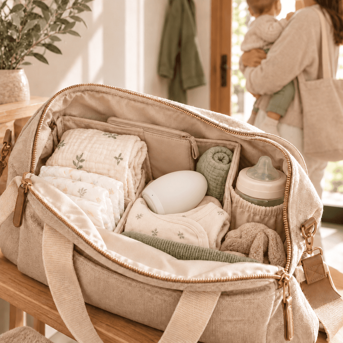 Veilleuse nomade allaitement rangée dans un sac à langer beige, avec un parent et son bébé prêts à partir en arrière-plan.