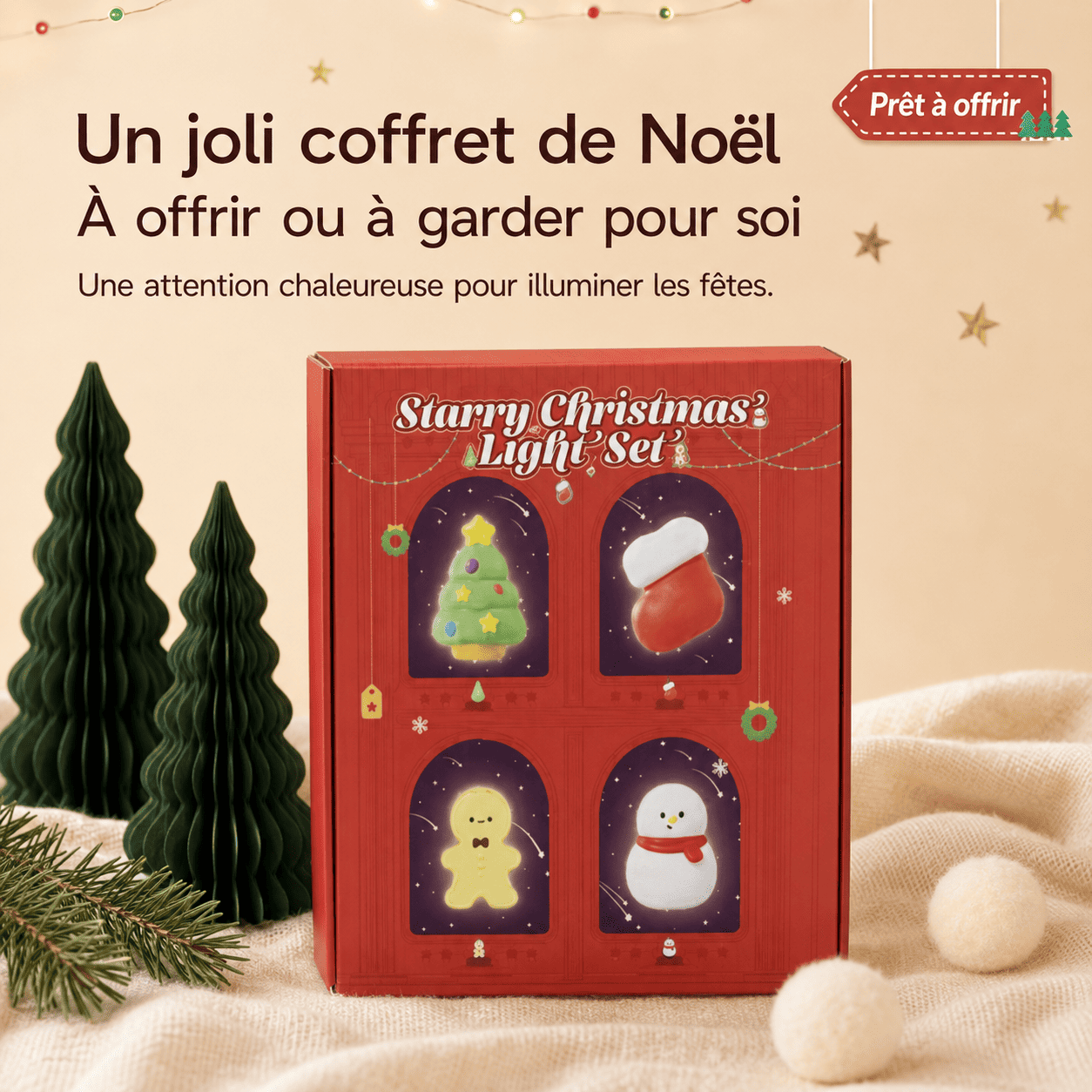 Coffret cadeau contenant quatre veilleuses magnétiques de Noël