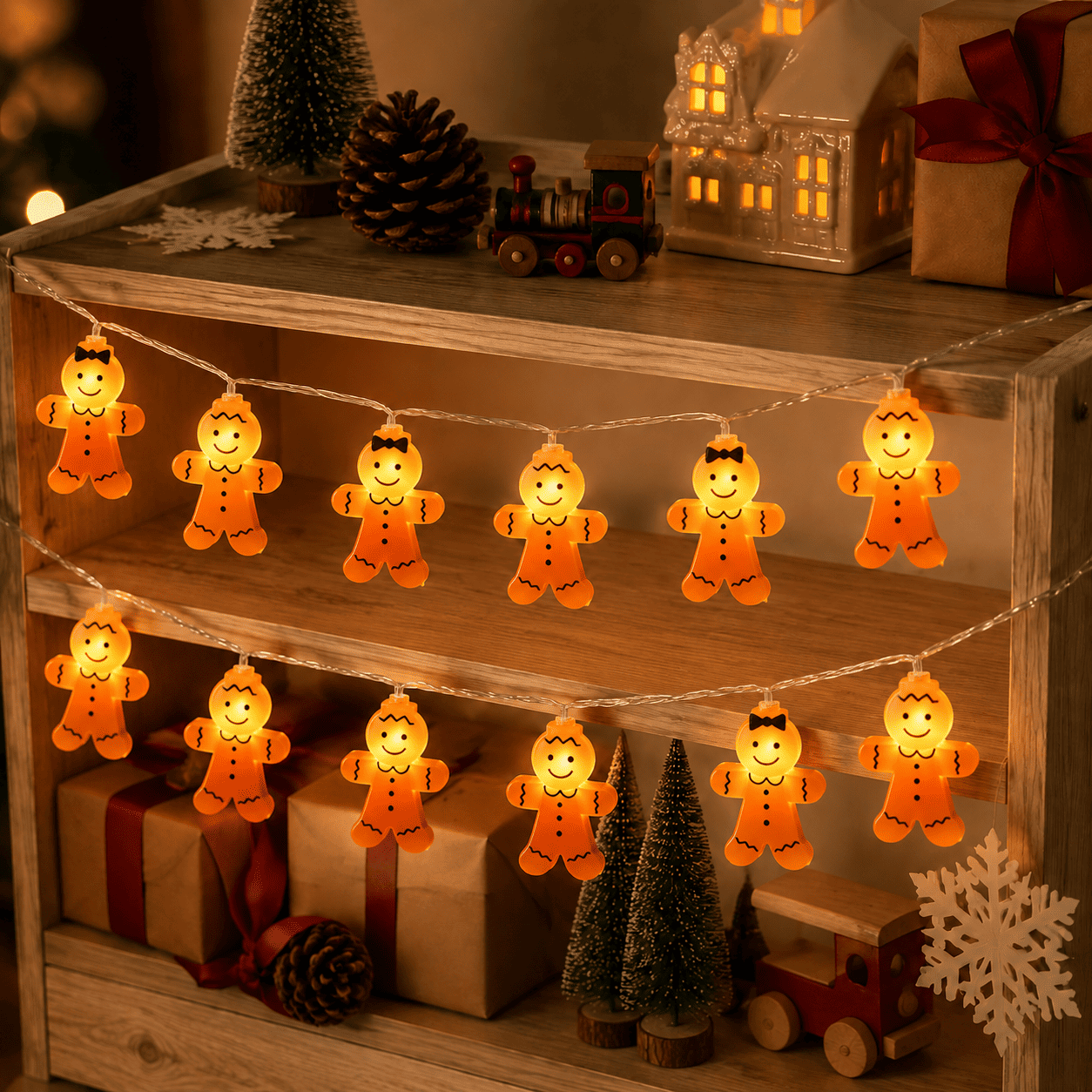 Guirlande lumineuse de Noël avec pains d’épices classiques et pains d’épices à nœuds sur un meuble