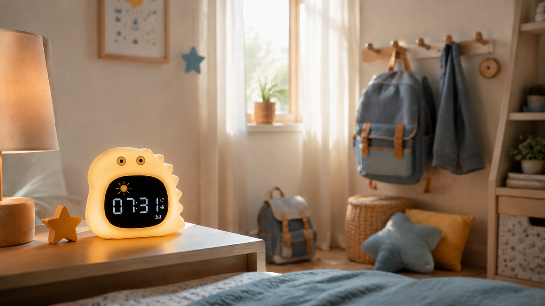 Réveil Veilleuse Dinosaure MyLumiz éducatif dans une chambre d'enfant au moment de la rentrée