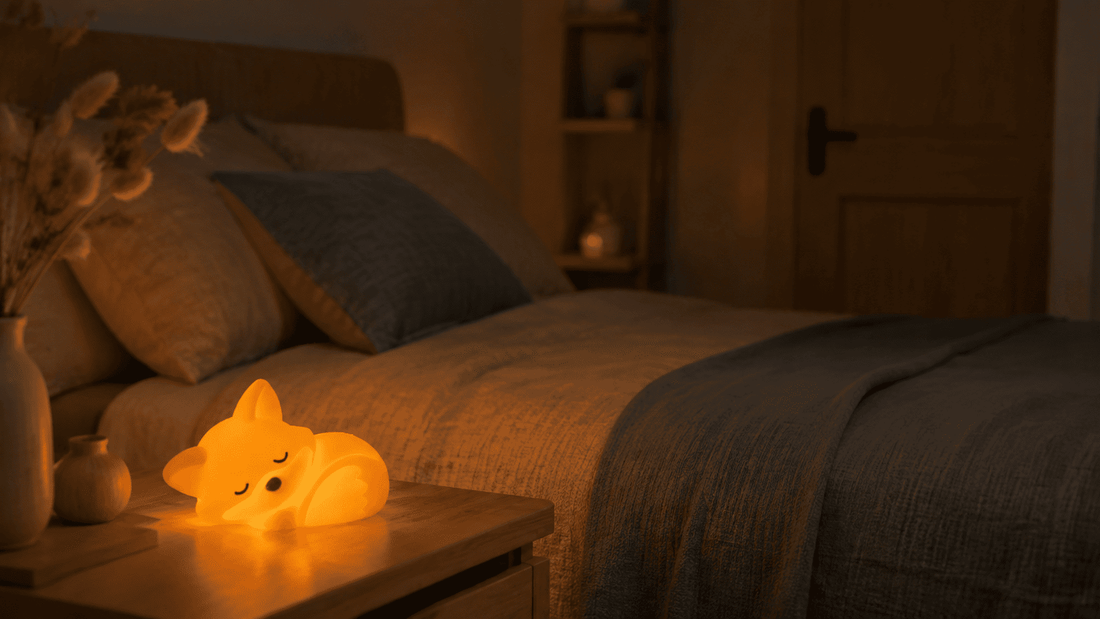 Veilleuse renard diffusant une lumière douce dans une chambre sombre