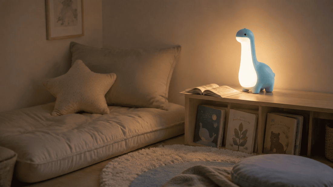 Coin lecture apaisant aménagé dans une chambre d’enfant avec la Lampe Veilleuse Dinosaure MyLumiz