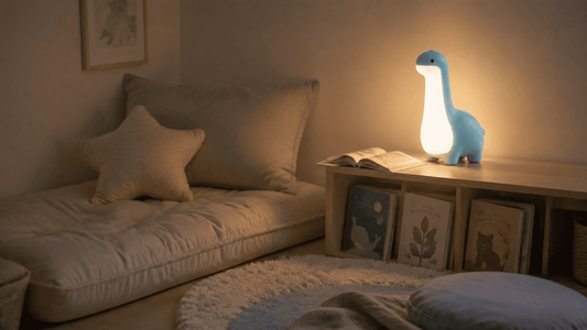 Coin lecture apaisant aménagé dans une chambre d’enfant avec la Lampe Veilleuse Dinosaure MyLumiz