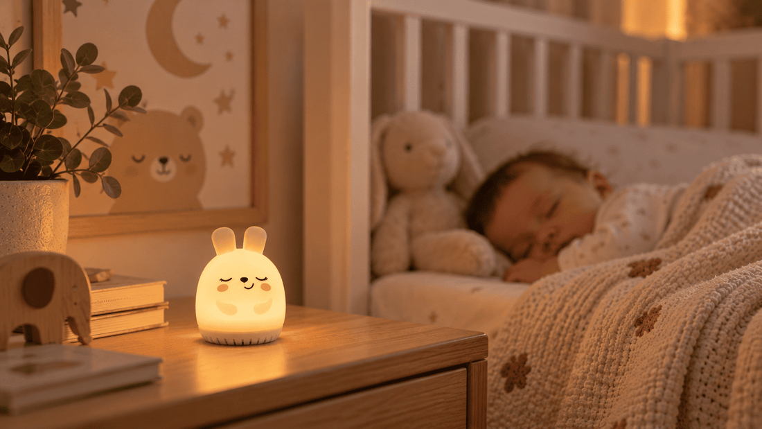 Veilleuse lapin bruit blanc a coté d'un bébé qui dort profondément 