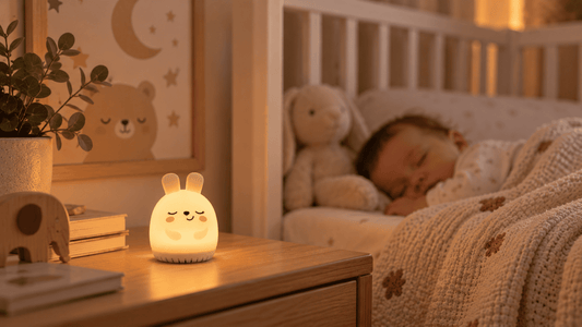 Veilleuse lapin bruit blanc a coté d'un bébé qui dort profondément 