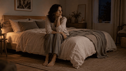 Adulte assis au bord de son lit dans une chambre à l’éclairage discret.