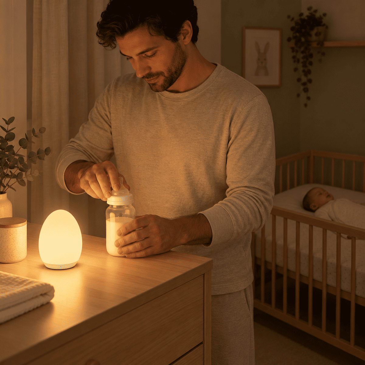 Papa préparant un biberon près de la veilleuse nomade allaitement, avec bébé endormi dans son berceau en arrière-plan.