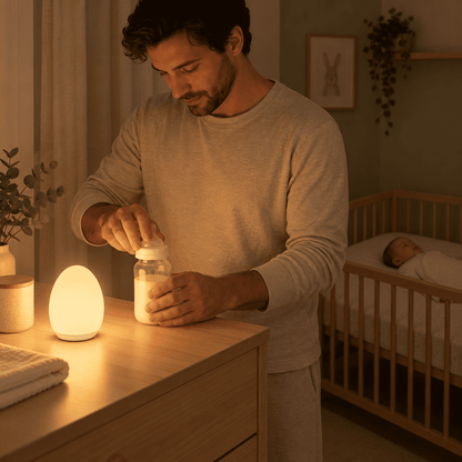 Papa préparant un biberon près de la veilleuse nomade allaitement, avec bébé endormi dans son berceau en arrière-plan.