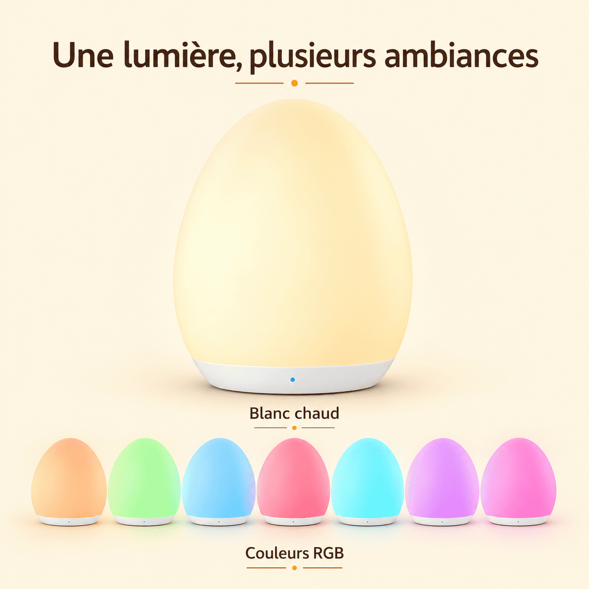 Veilleuse nomade allaitement en lumière blanc chaud, accompagnée de sept exemples de couleurs RGB sur fond beige.