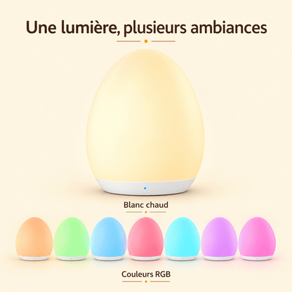 Veilleuse nomade allaitement en lumière blanc chaud, accompagnée de sept exemples de couleurs RGB sur fond beige.