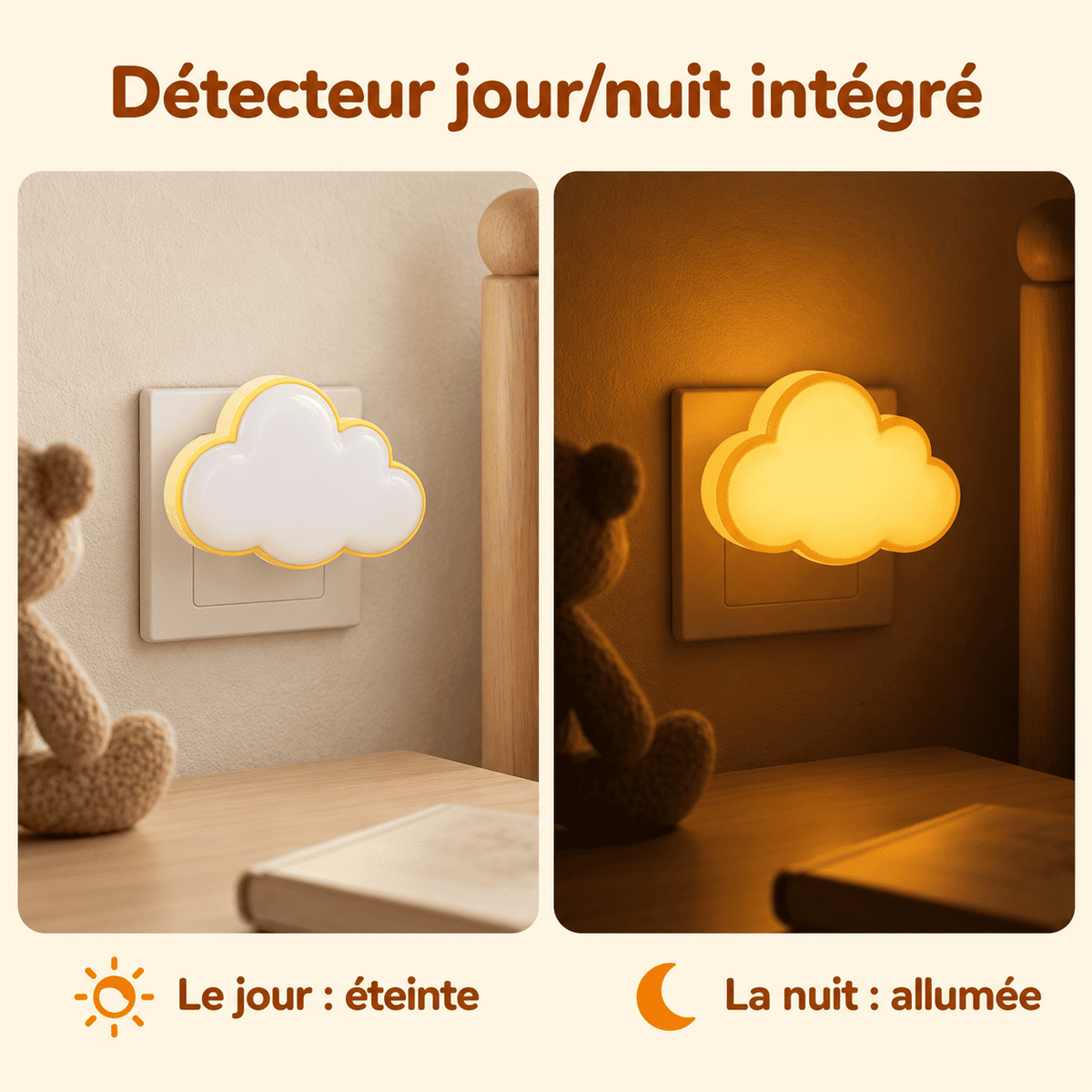 Veilleuse sur prise Nuage éteinte le jour et allumée la nuit grâce à son détecteur de luminosité.