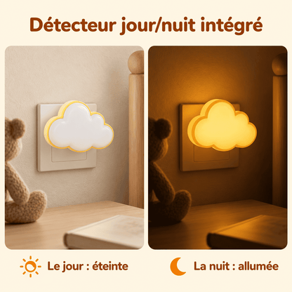 Veilleuse sur prise Nuage éteinte le jour et allumée la nuit grâce à son détecteur de luminosité.