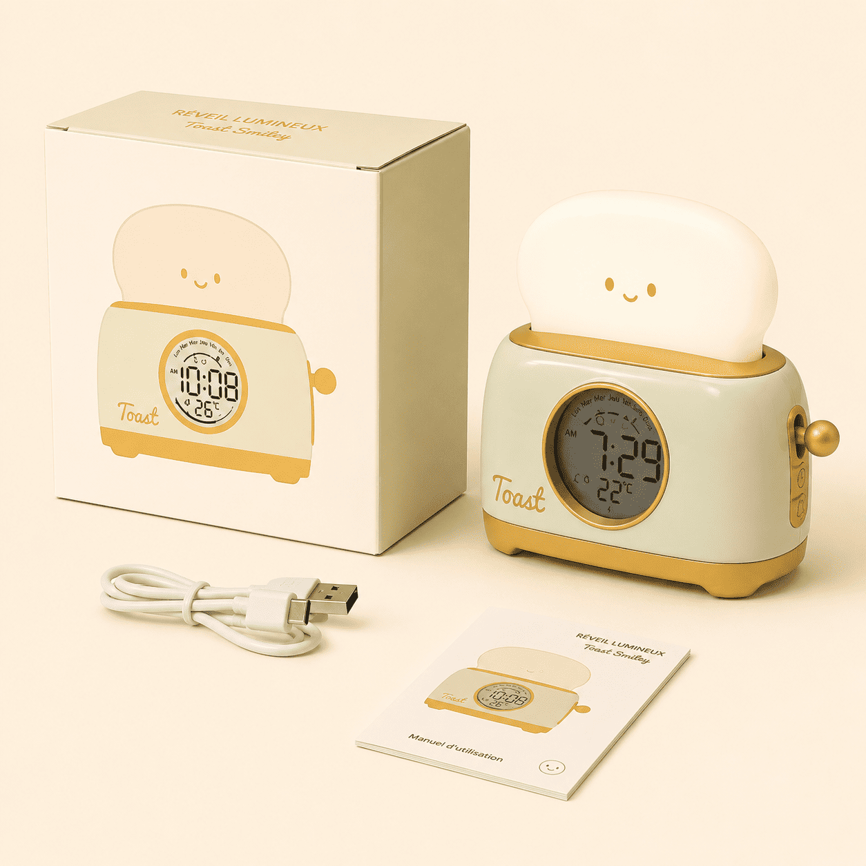 Réveil veilleuse toaster boîte, câble et notice d'utilisation - mylumiz.com