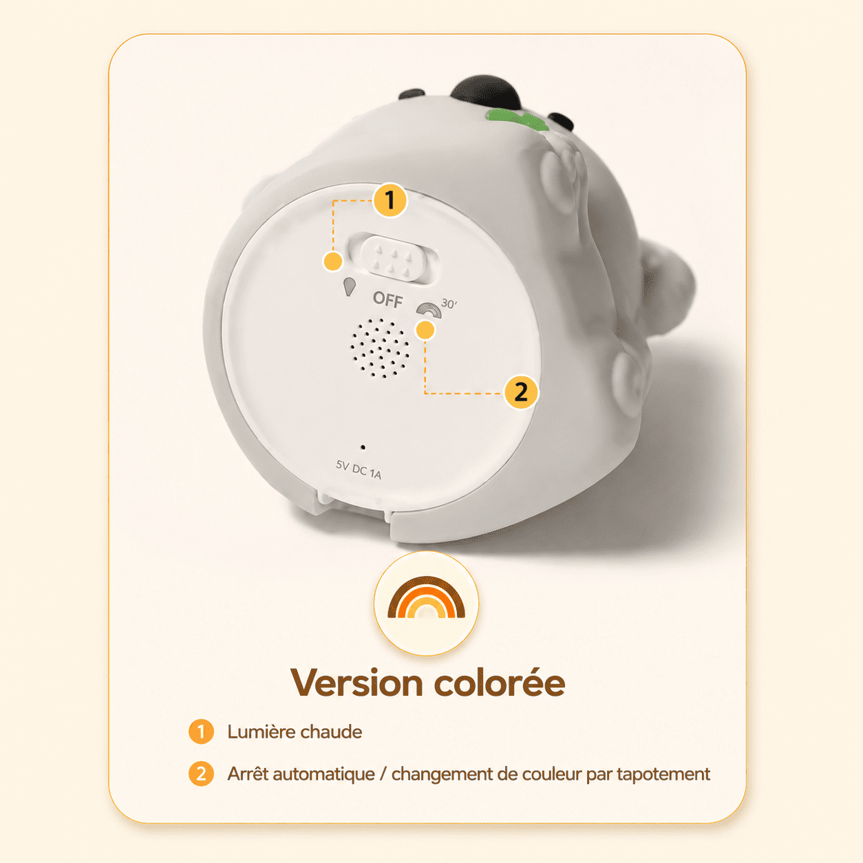 Veilleuse bébé koala vue du dessous avec informations sur les boutons pour mode coloré et mode classique - mylumiz.com