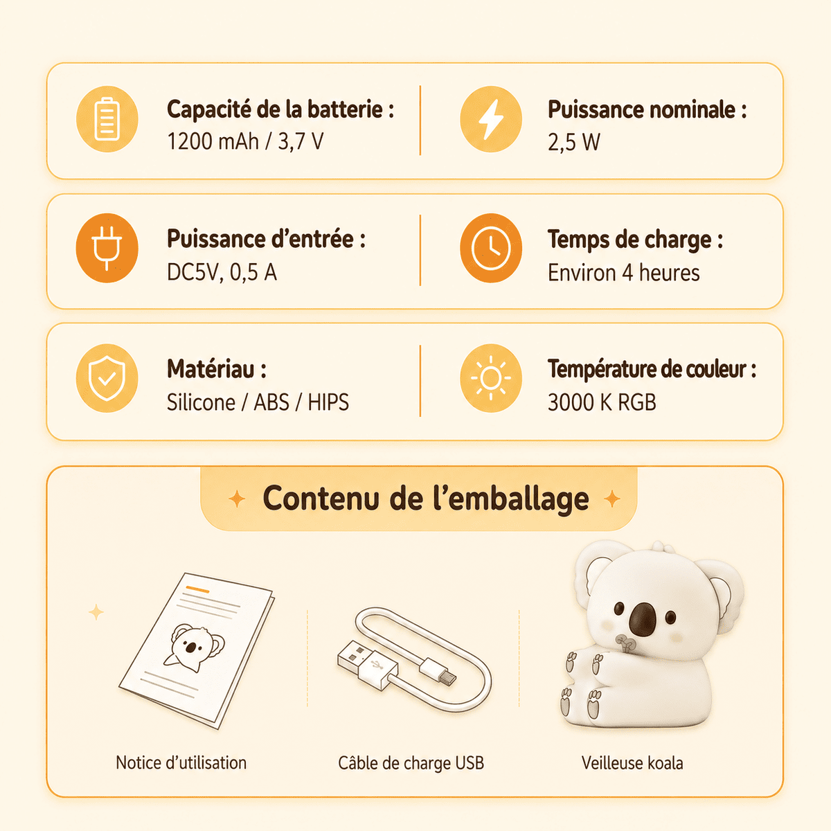 Veilleuse bébé koala avec contenu de l'emballage et temps de charge, température de couleur - mylumiz.com