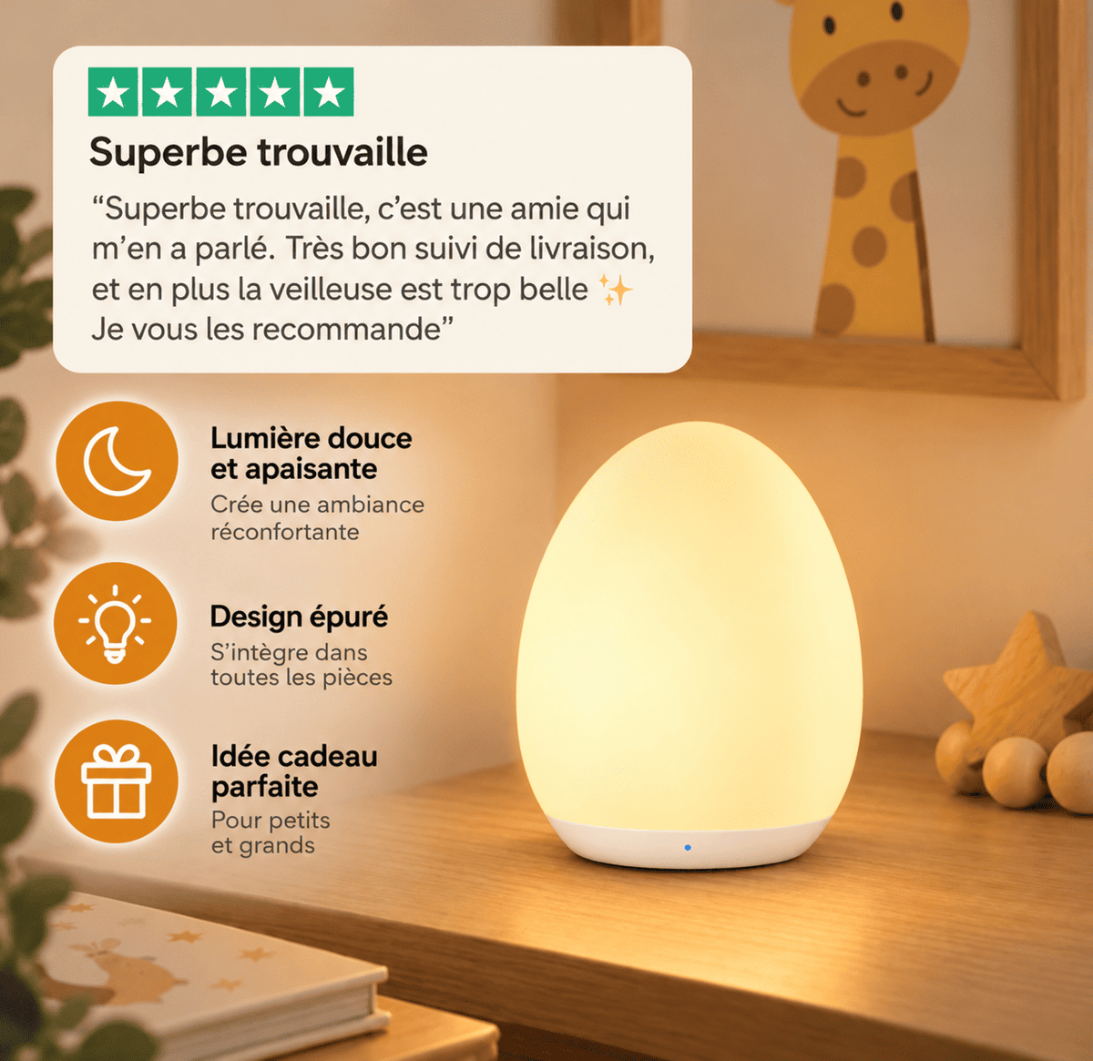 Veilleuse nomade allaitement allumée, avec l’avis client « Superbe trouvaille » et ses atouts : lumière douce, design épuré et idée cadeau.