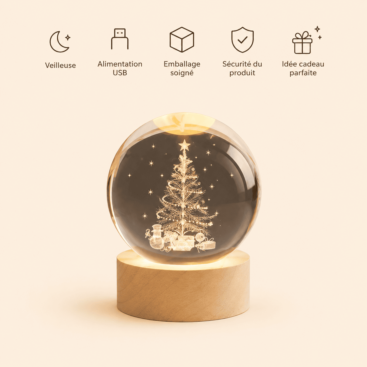 Veilleuse boule de Cristal de noël sur fond beige avec les informations produit