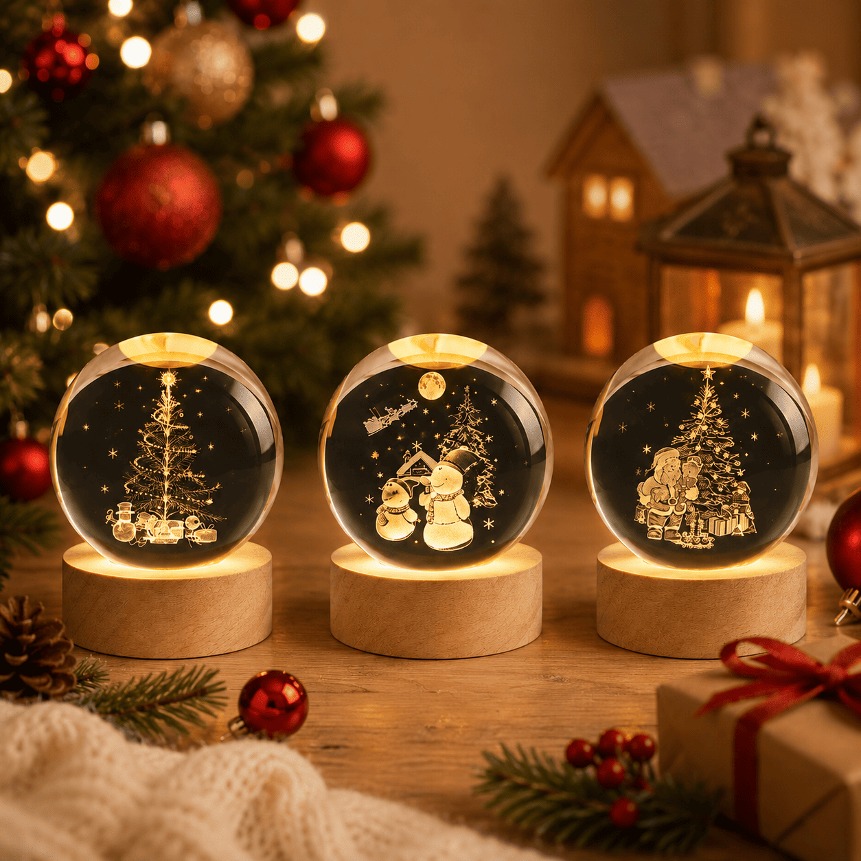 3 modèles de veilleuses boule en Cristal dans un salon de noël