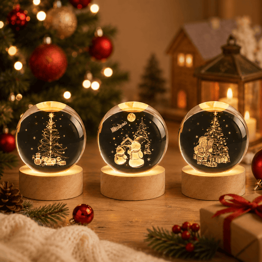 3 modèles de veilleuses boule en Cristal dans un salon de noël