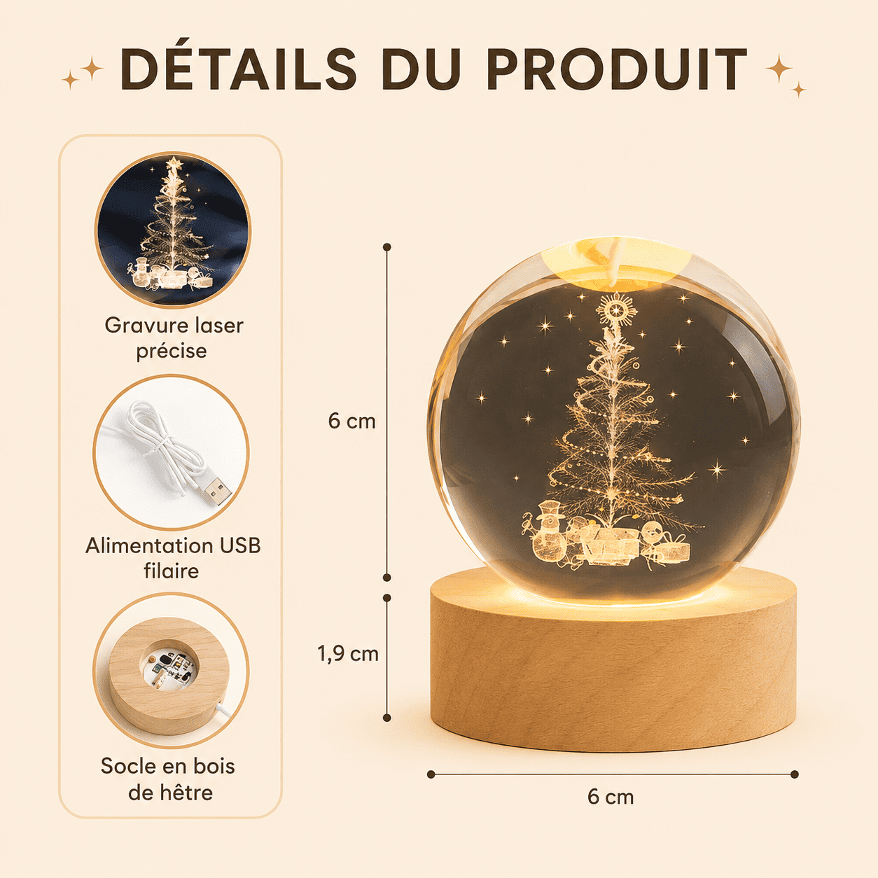 Veilleuse boule de Cristal de noël avec dimensions et détails produit 