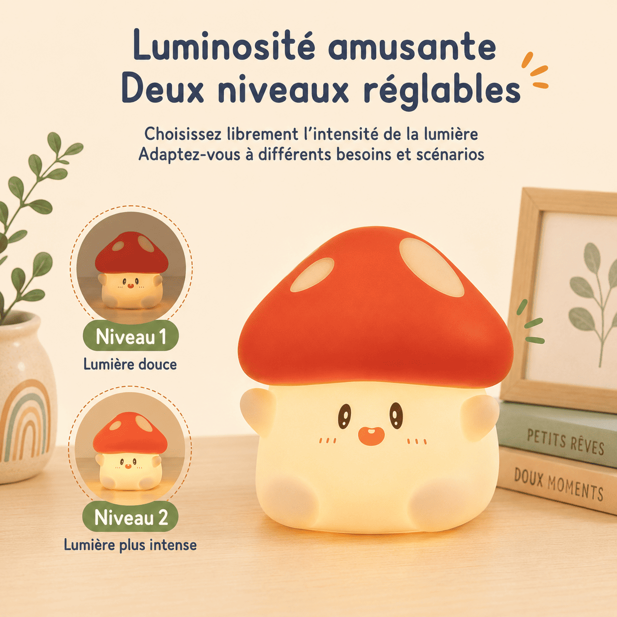 Luminosité à 2 niveaux de la veilleuse champignon rouge - mylumiz.com
