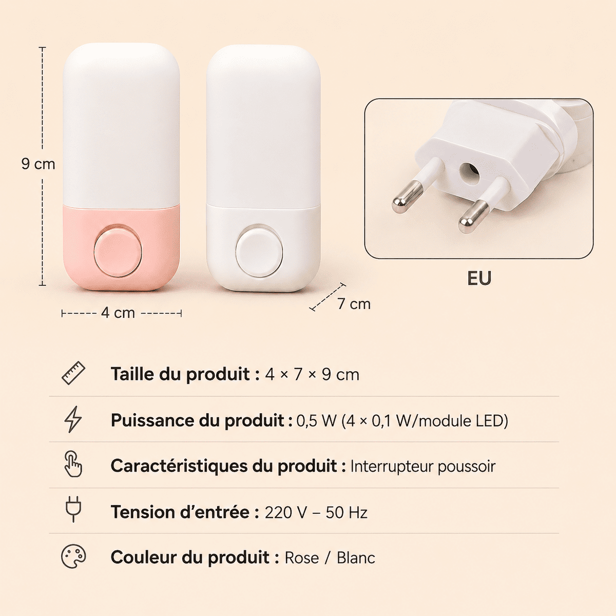 Veilleuse de nuit sur prise taille, tension d'entrée et puissance du produit - mylumiz.com