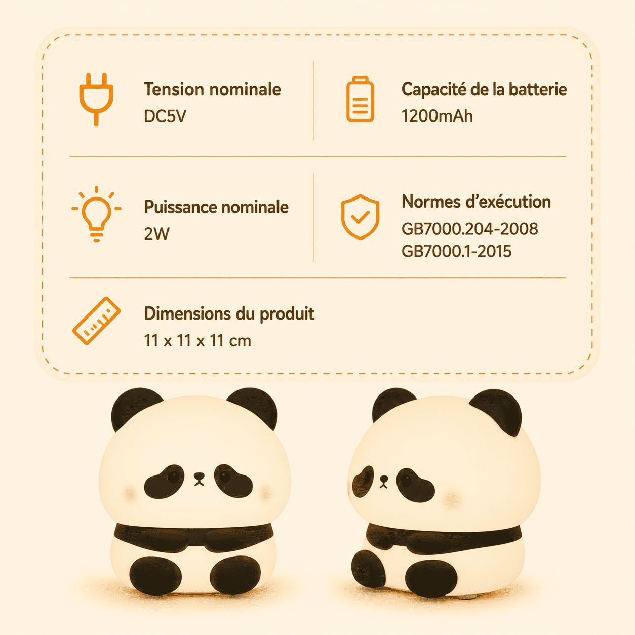 Taille, capacité de la batterie et tension nominale de la veilleuse enfant panda - mylumiz.com