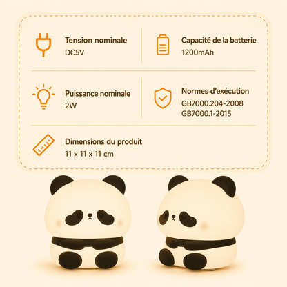 Taille, capacité de la batterie et tension nominale de la veilleuse enfant panda - mylumiz.com