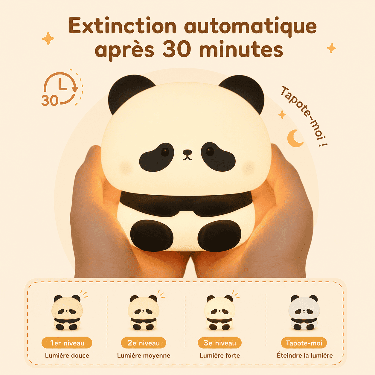 Veilleuse enfant panda avec 3 niveaux d'intensités lumineuses et tactile - mylumiz.com