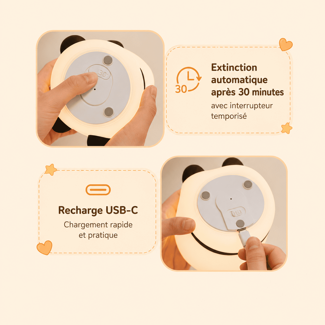 Veilleuse enfant panda recharge USB-C et sa minuterie 30 minutes - mylumiz.com