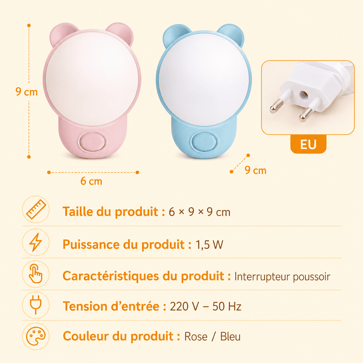 Veilleuse LED sur prise dimensions et puissance- mylumiz.com