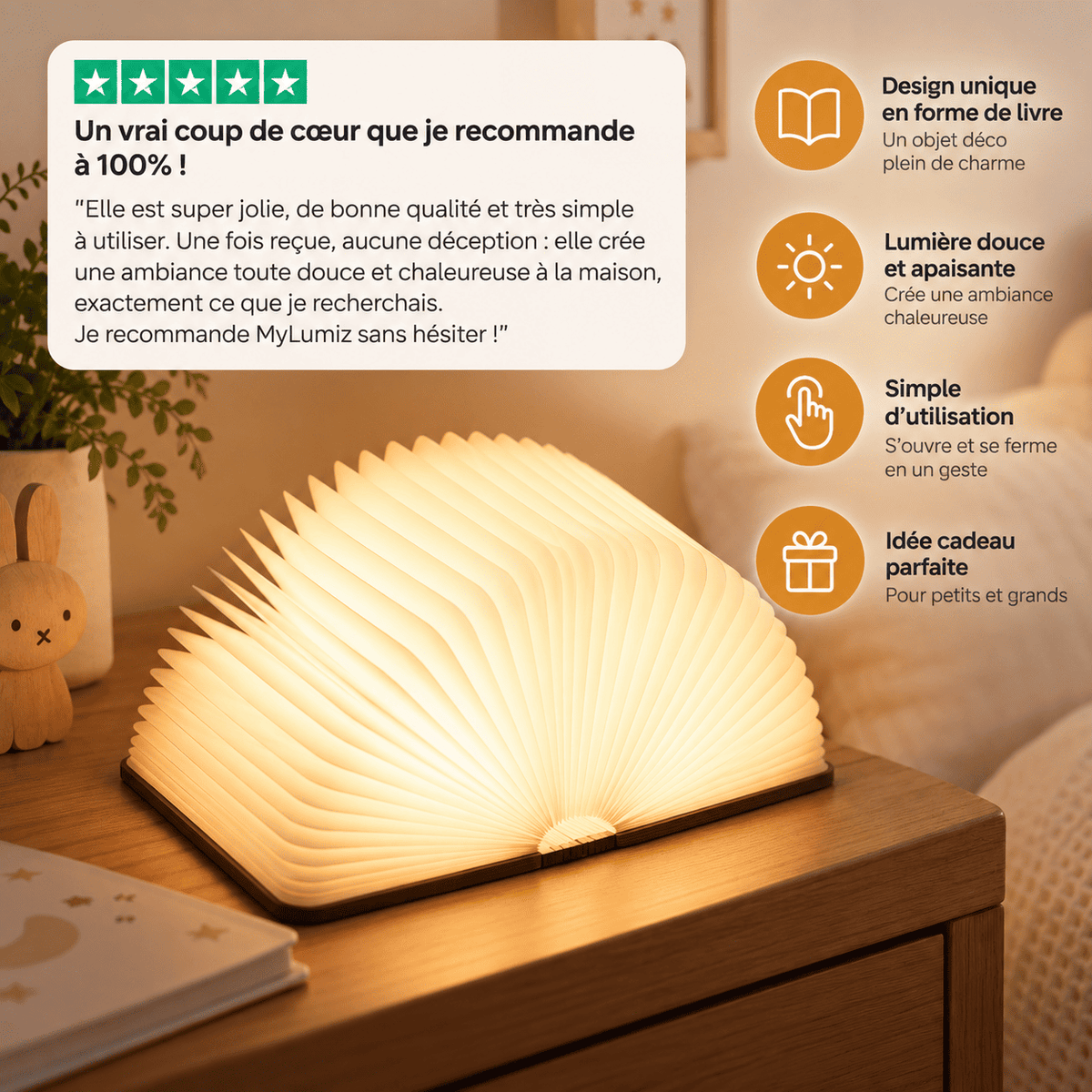 Veilleuse livre avec un avis client et des informations produit 