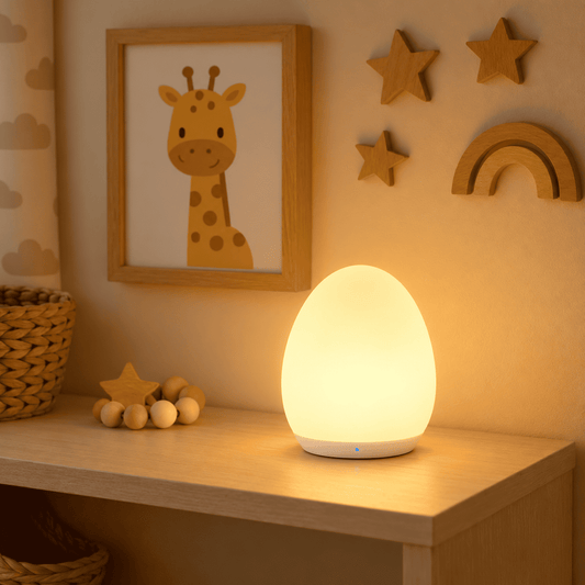 Veilleuse nomade allaitement diffusant une lumière chaude sur un meuble en bois dans une chambre de bébé