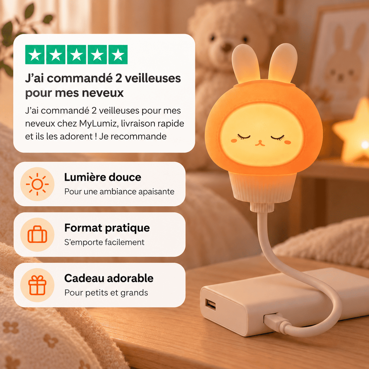 Veilleuse nomade lapin avec un avis client et des informations produit