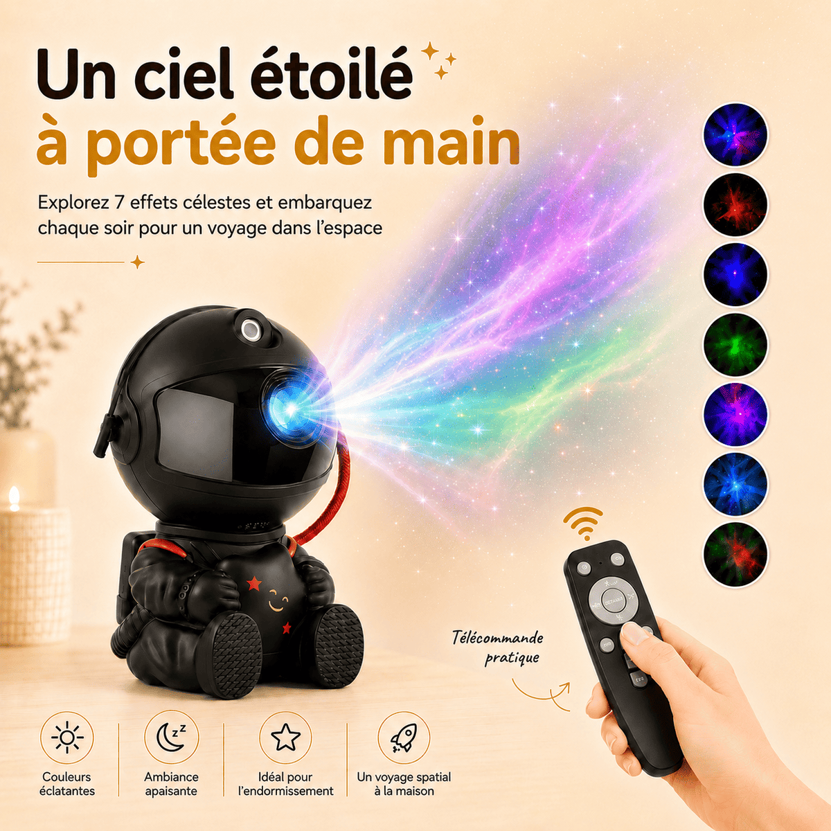 Veilleuse projecteur LED astronaute couleurs des projections - mylumiz.com