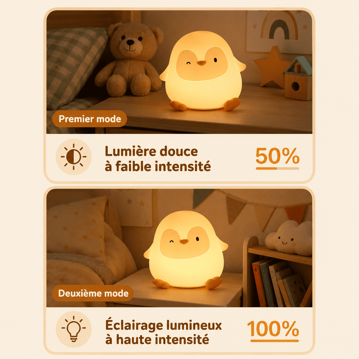 Veilleuse p'tit pingouin avec 2 intensités lumineuses dans une chambre d'enfant