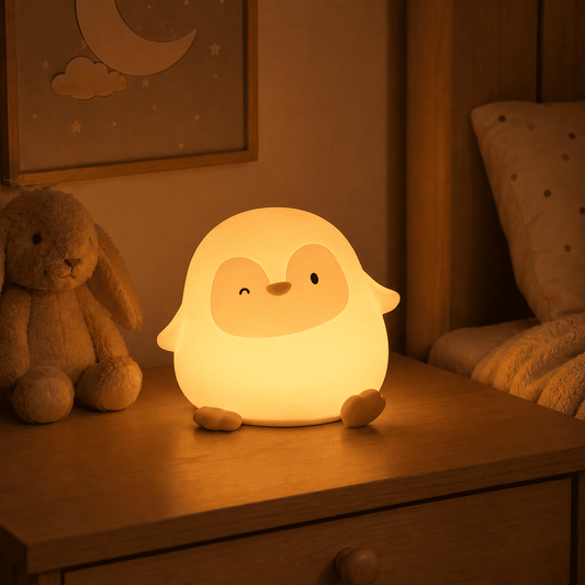 Veilleuse p'tit pingouin allumée lumière chaude dans une chambre d'enfant