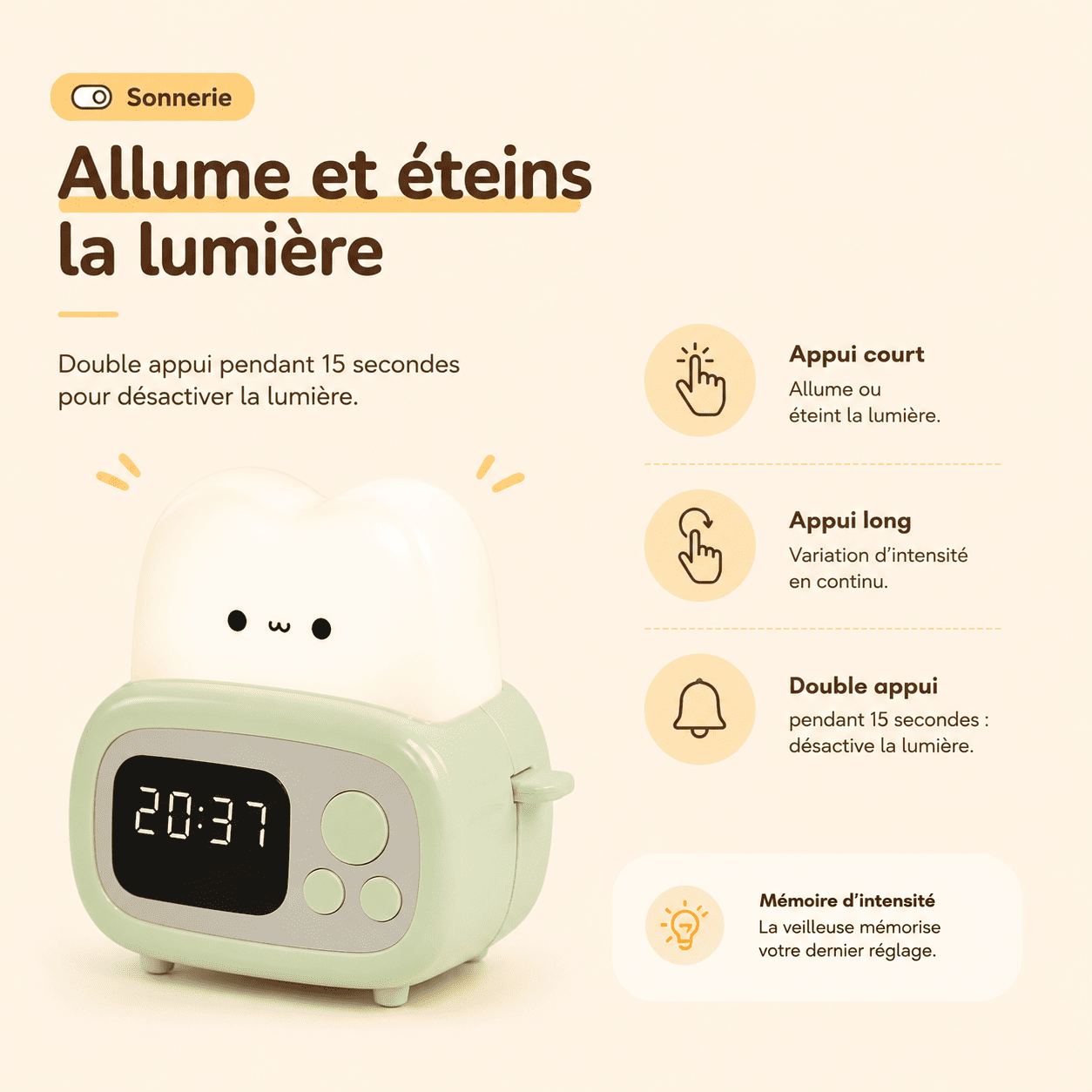 Veilleuse réveil enfant présentation des boutons - mylumiz.com