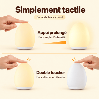 En mode blanc chaud, appui prolongé pour régler l’intensité et double toucher pour allumer ou éteindre la veilleuse.