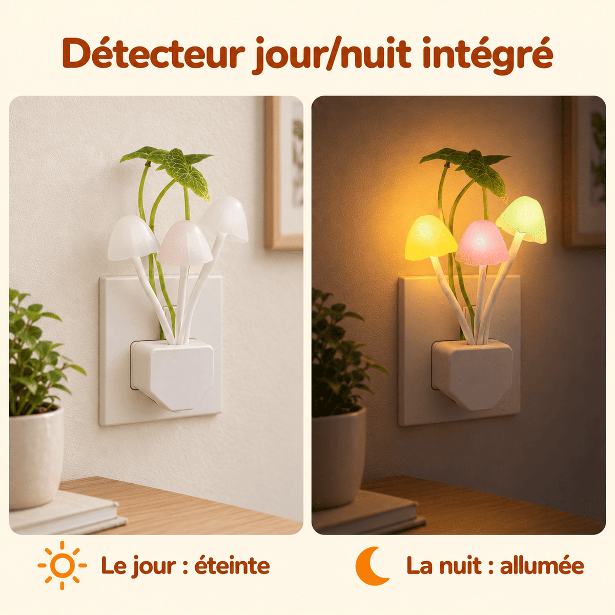 Veilleuse champignon à brancher éteinte le jour et allumée la nuit grâce à son détecteur de luminosité.