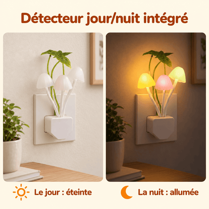 Veilleuse champignon à brancher éteinte le jour et allumée la nuit grâce à son détecteur de luminosité.