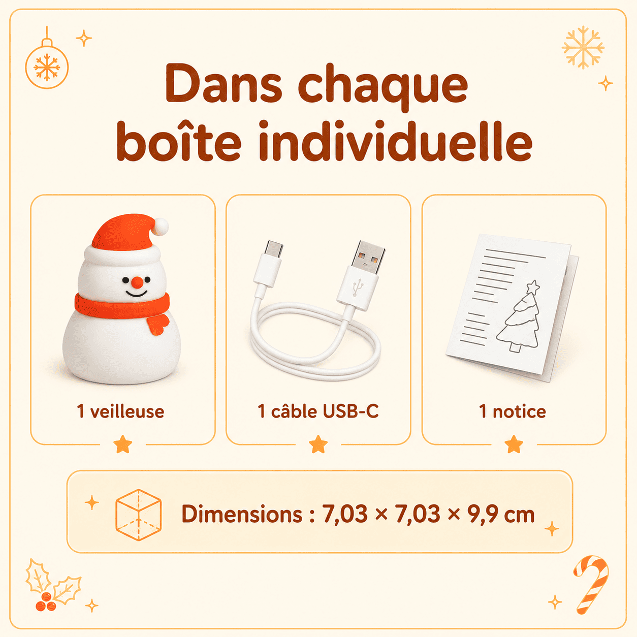 Contenu de la boîte individuelle avec veilleuse de Noël, câble USB-C et notice