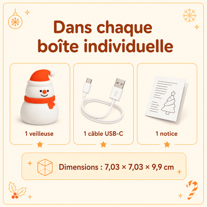 Contenu de la boîte individuelle avec veilleuse de Noël, câble USB-C et notice