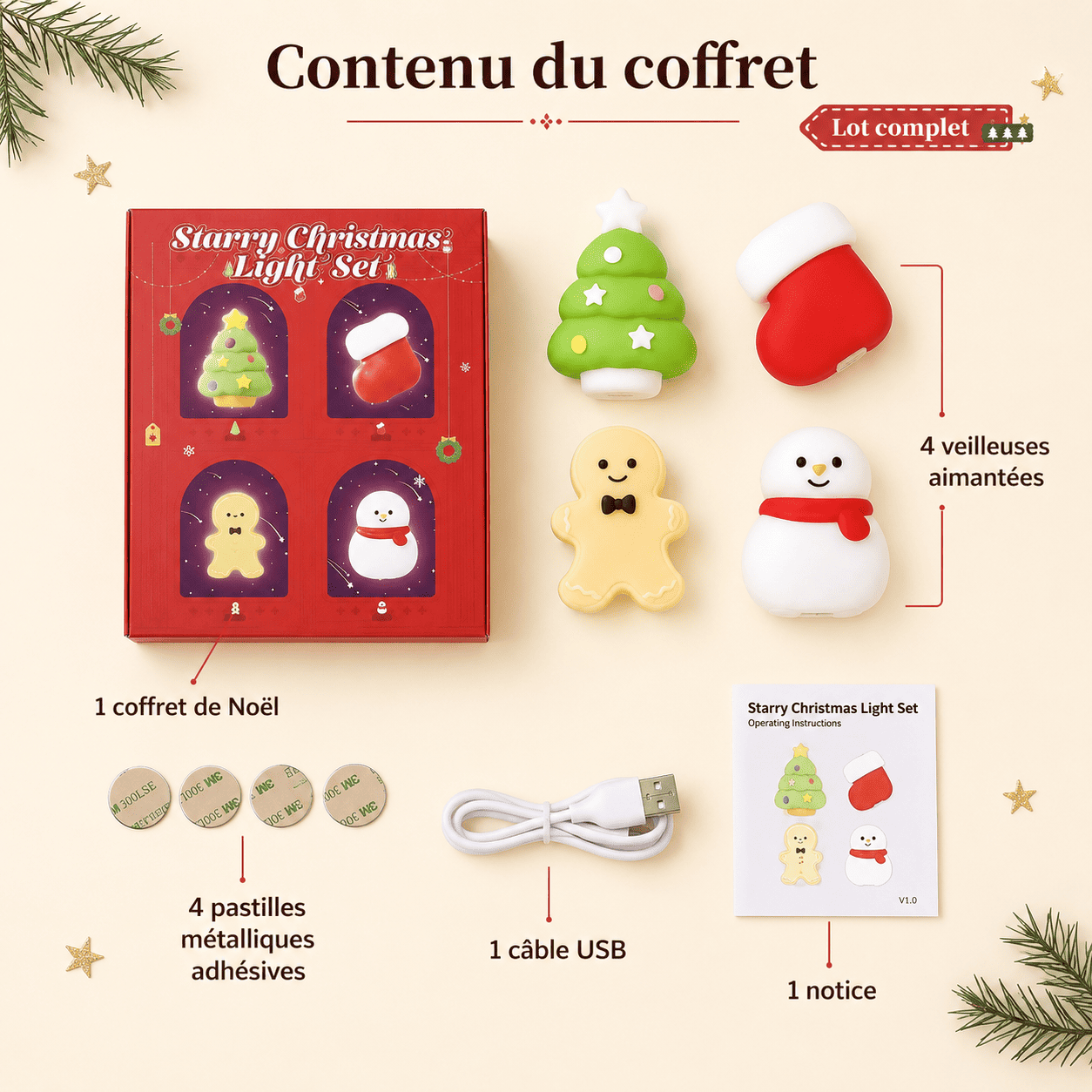 Contenu du coffret avec quatre veilleuses, câble USB, notice et fixations