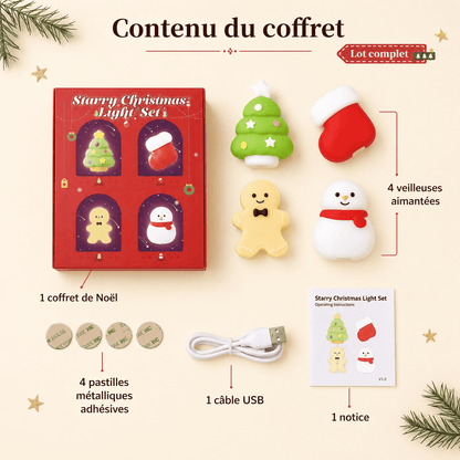 Contenu du coffret avec quatre veilleuses, câble USB, notice et fixations
