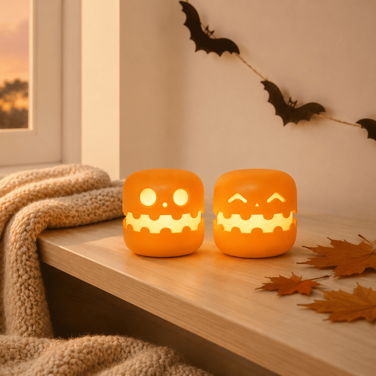 Veilleuse citrouille éveillée et souriante dans une chambre d'enfant pour halloween
