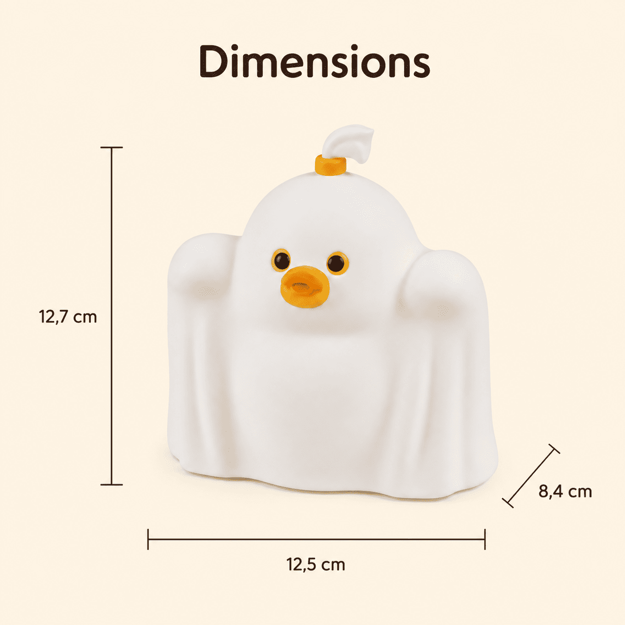 Dimensions de la veilleuse Poussin Fantôme : 12,5 × 8,4 × 12,7 cm