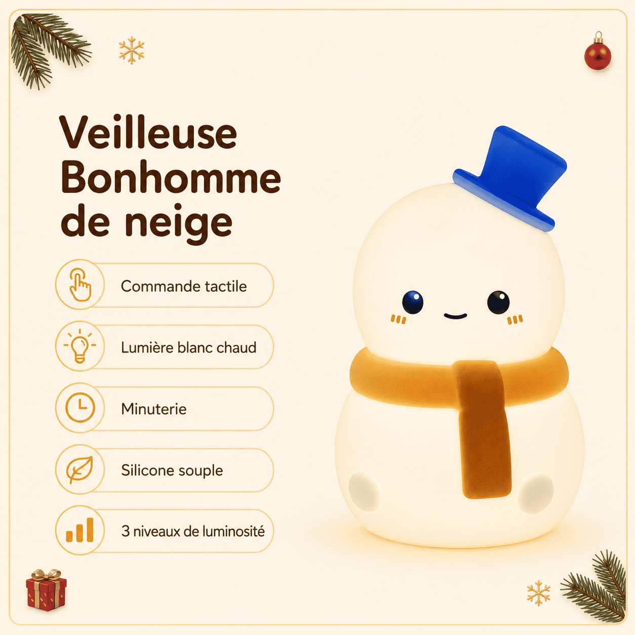 Fonctions de la veilleuse bonhomme de neige rechargeable