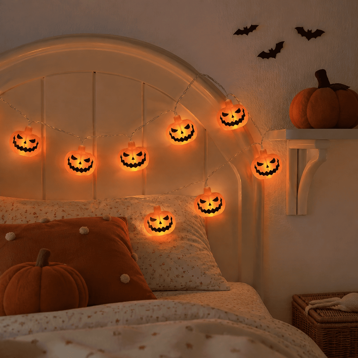 Guirlande lumineuse de citrouilles installée sur un lit d’enfant