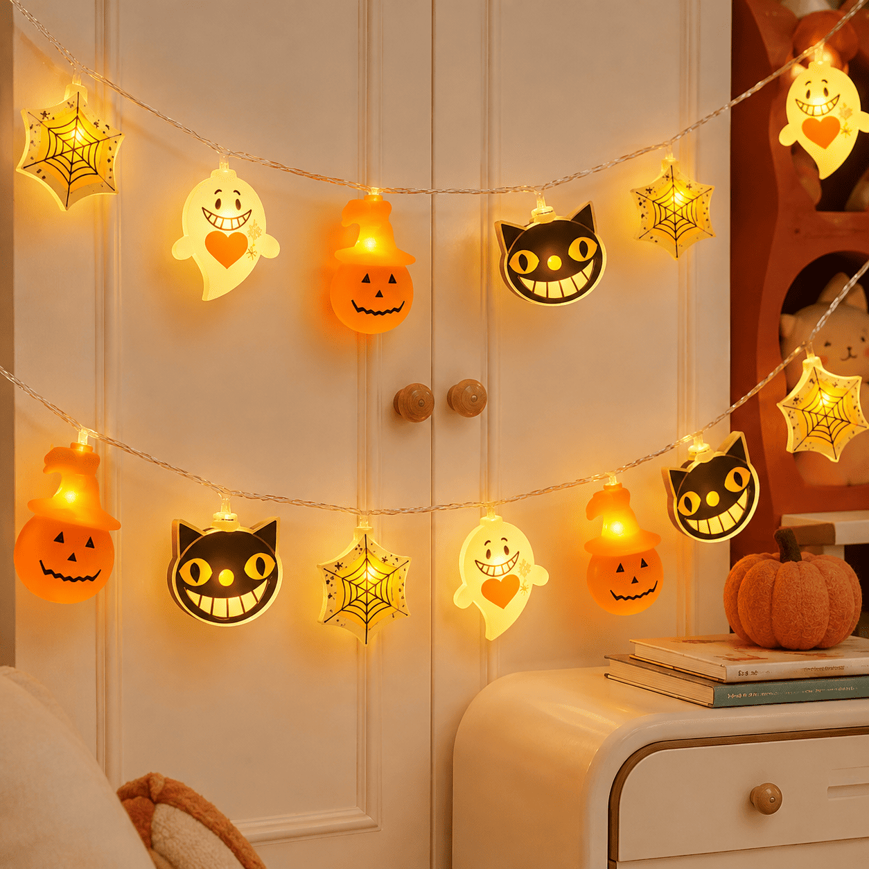 Guirlande Halloween avec fantômes, chats et citrouilles sur un meuble